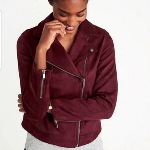 Old Navy Burgundy Suede Moto Jacket Women's XS Zipper Detail Faux Leather